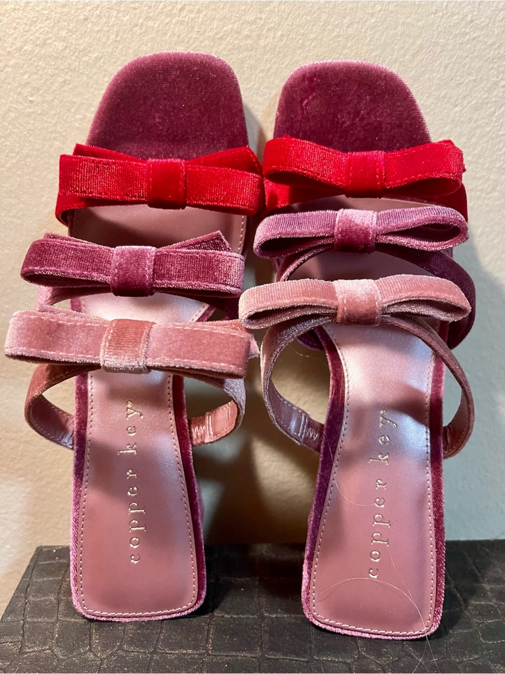 Copper Key Velvet Bow Block Heel Sandals 9.5 M